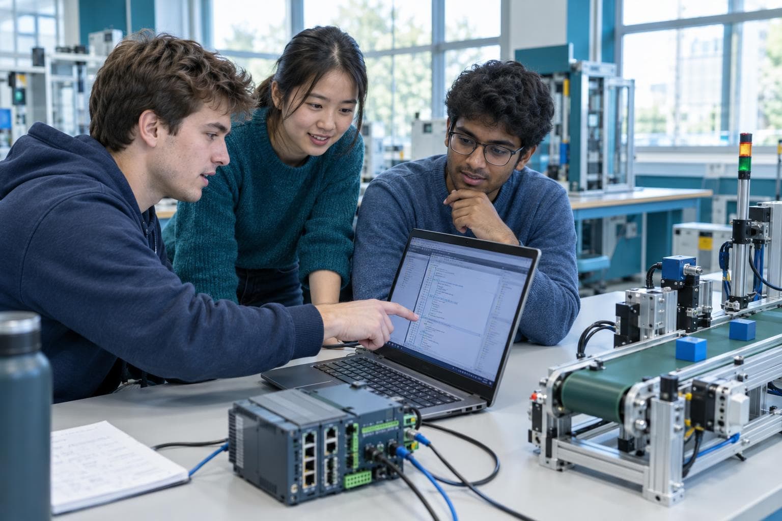 Studierende entwickeln gemeinsam eine Automatisierungsanwendung am Laptop in einem Labor